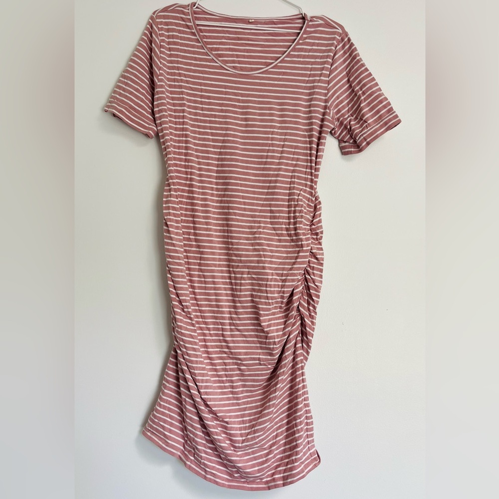 Women's Maternity Bodycon Ruched Side Dress Pink White Stripe, Large